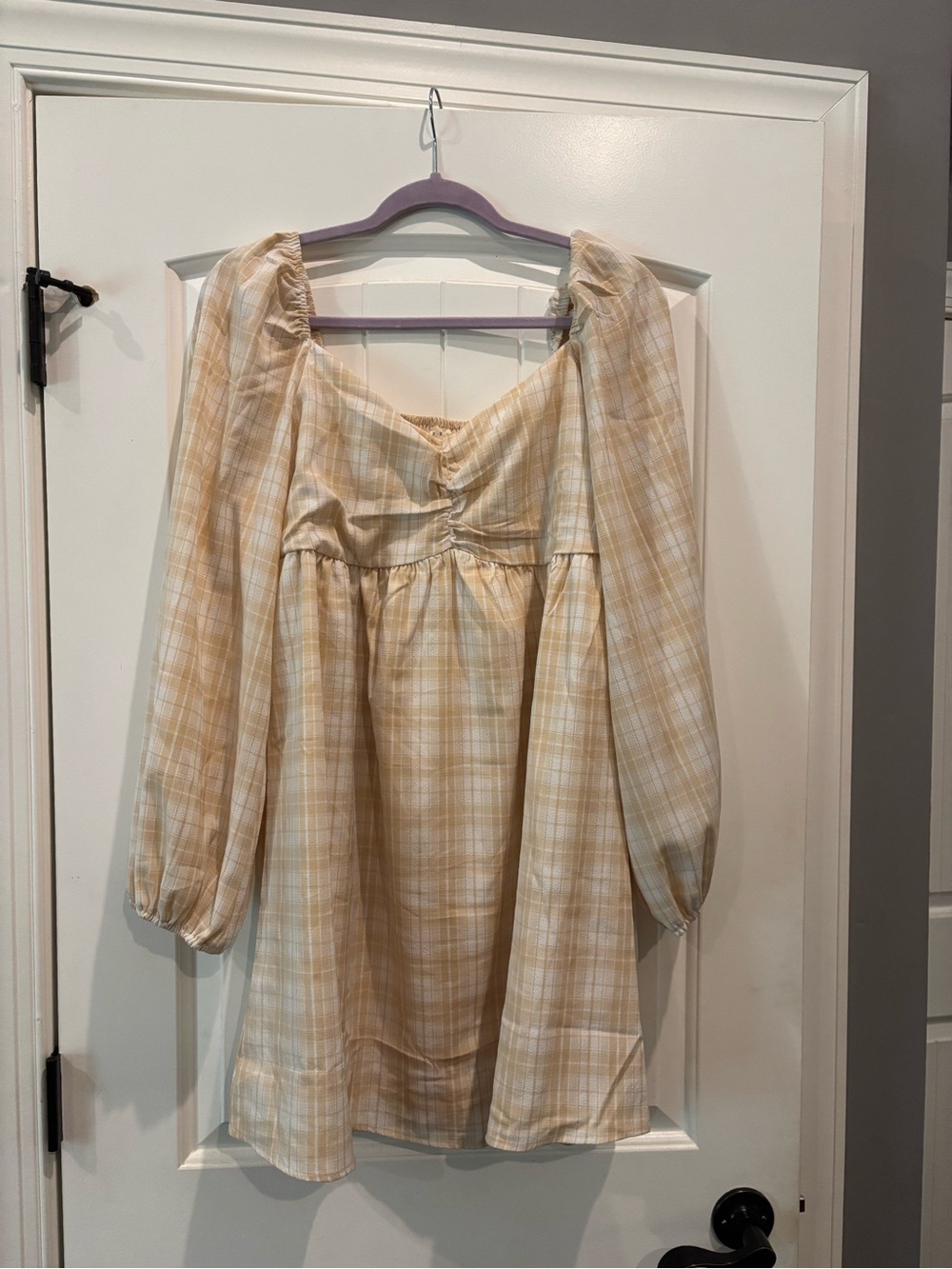 Plaid Puff-Sleeve Mini Dress in Soft Cream Yellow